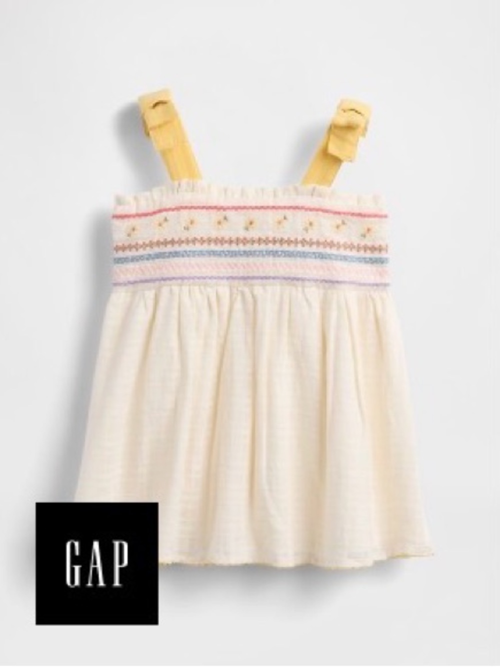 Like New- GAP Baby Girl Cream Smocked Tank Dress with Yellow Bow Straps